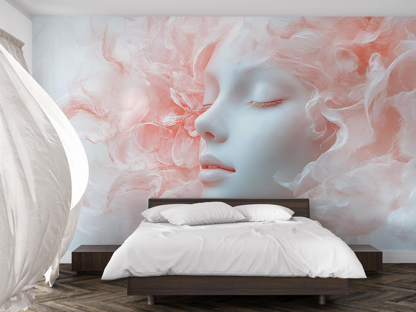 Dreamy Face Wall Mural – Ethereal Pink Smoke Art, Feminine Abstract Bedroom Decor Vn270