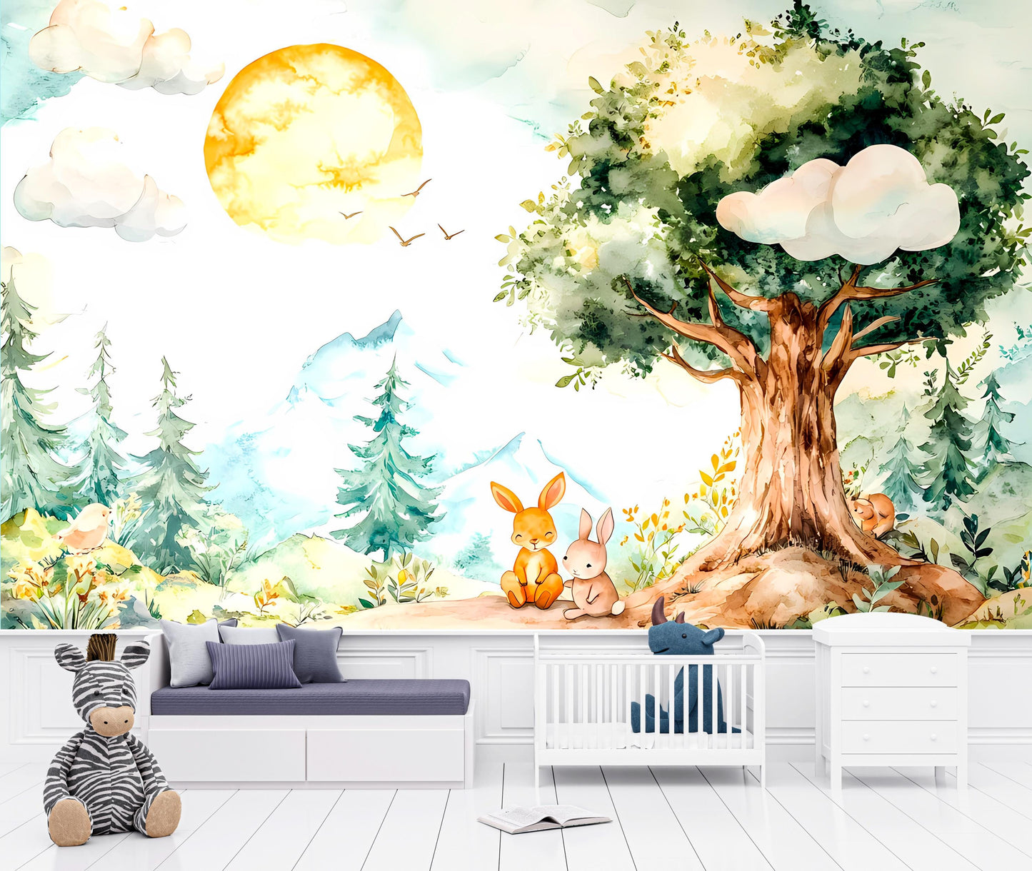 Woodland Forest Nursery Wall Mural, Animal Tree Crib Background, Nature Baby Room Wallpaper Vn001