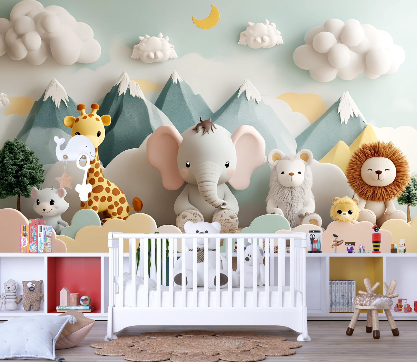 Whimsical Jungle Animal Wall Mural for Kids Room - Elephant, Giraffe, Lion Nursery Wallpaper Vn429