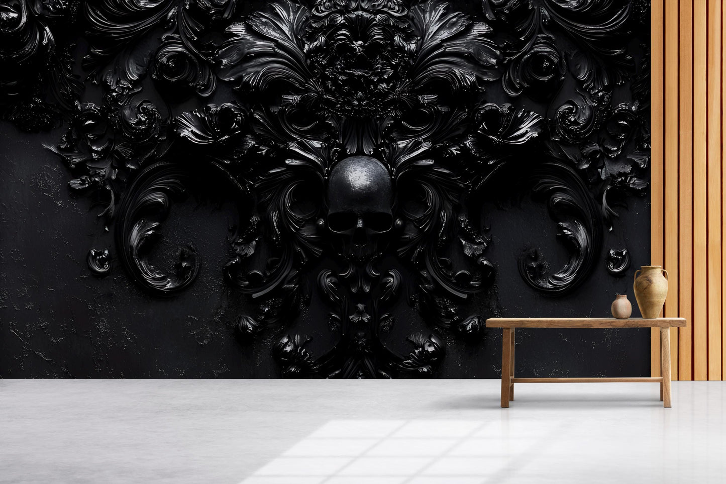 Gothic Baroque Skull Wall Art | Dark Maximalist Interior Decor | 3D Black Skull Floral Wallpaper Mural Vn189
