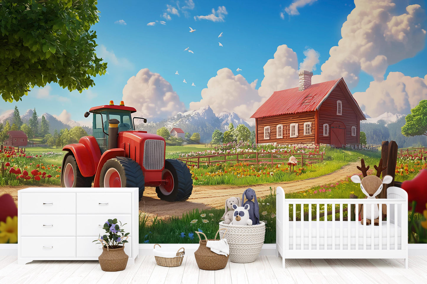 Farm Nursery Wall Art – Red Tractor & Barn Landscape Mural – Country Baby Room Decor for Boys or Girls Vn316