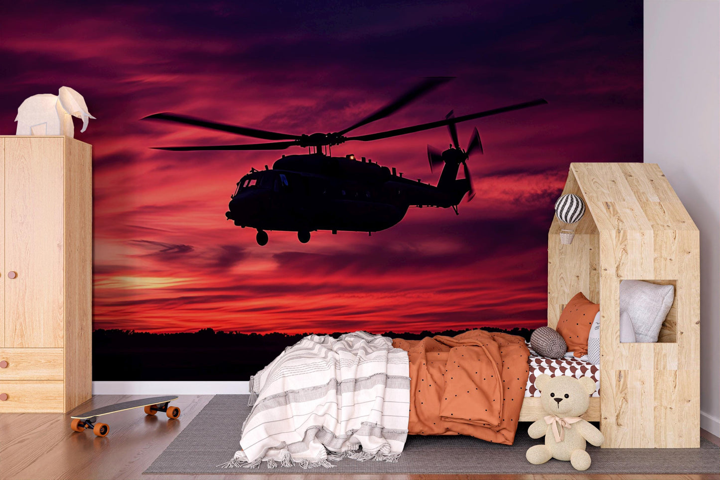 Helicopter Wall Mural for Boys Bedroom – Military Aircraft Sunset Wallpaper – Teen Room Decor – Aviation Theme Wall Art Vn460