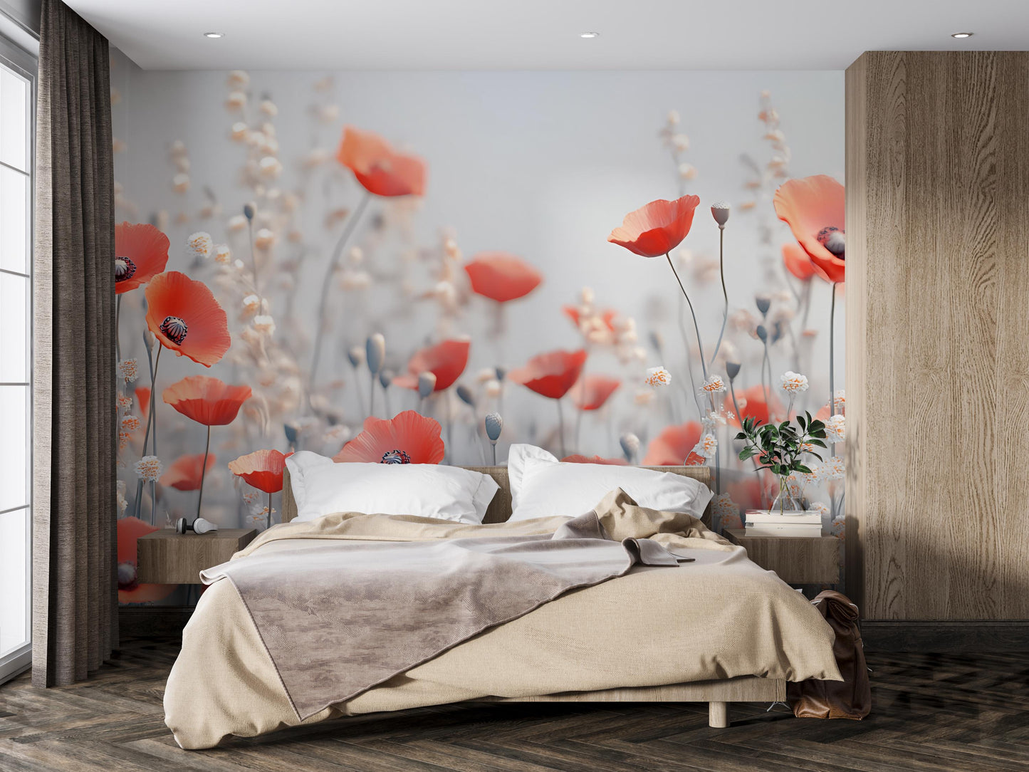 Red Poppy Flower Wall Mural | Modern Floral Bedroom Wallpaper | Botanical Large-Scale Peel & Stick Mural Vn334