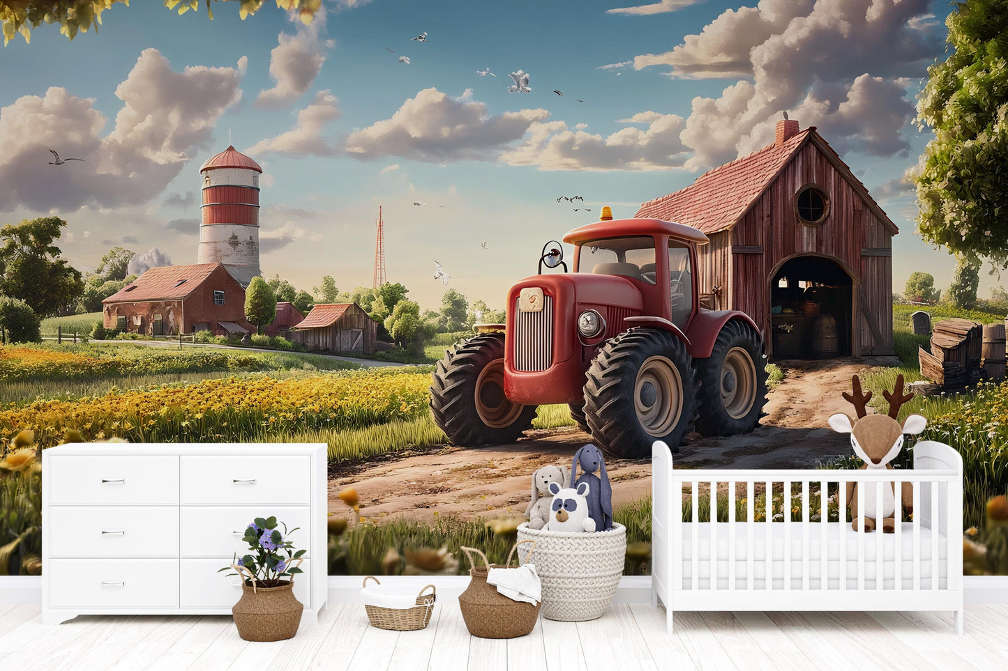 Farm Tractor Wall Mural – Kids Room Decor, Barn & Field Theme Wallpaper, Country Nursery Art, Red Tractor Mural Backdrop Vn313
