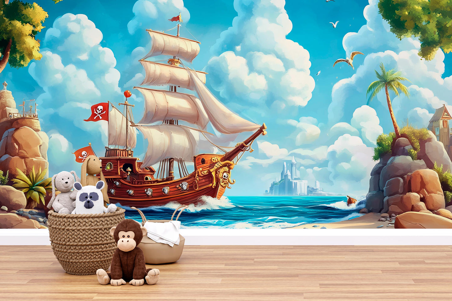 Pirate Ship Kids Wall Mural – Nautical Ocean Adventure Wallpaper for Nursery or Playroom – Cartoon Pirate Decor Vn 311