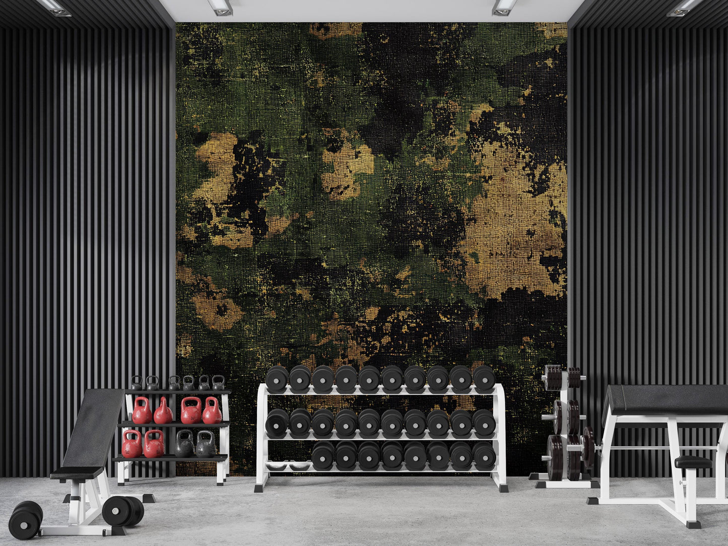 Modern Gym Wall Mural – Industrial Camo & Geometric Pattern, Fitness Center Decor Vn462
