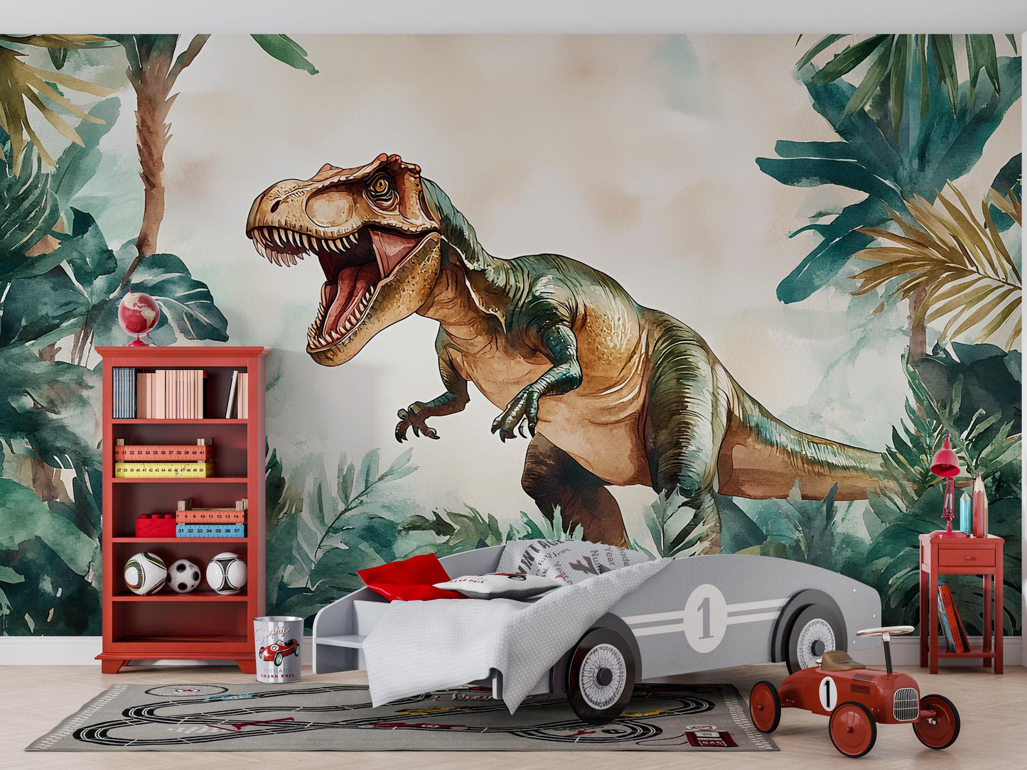 Dinosaur Wall Mural for Kids Room – T-Rex Jungle Wallpaper – Boys Nursery Wall Art – Prehistoric Safari Theme Décor Vn408