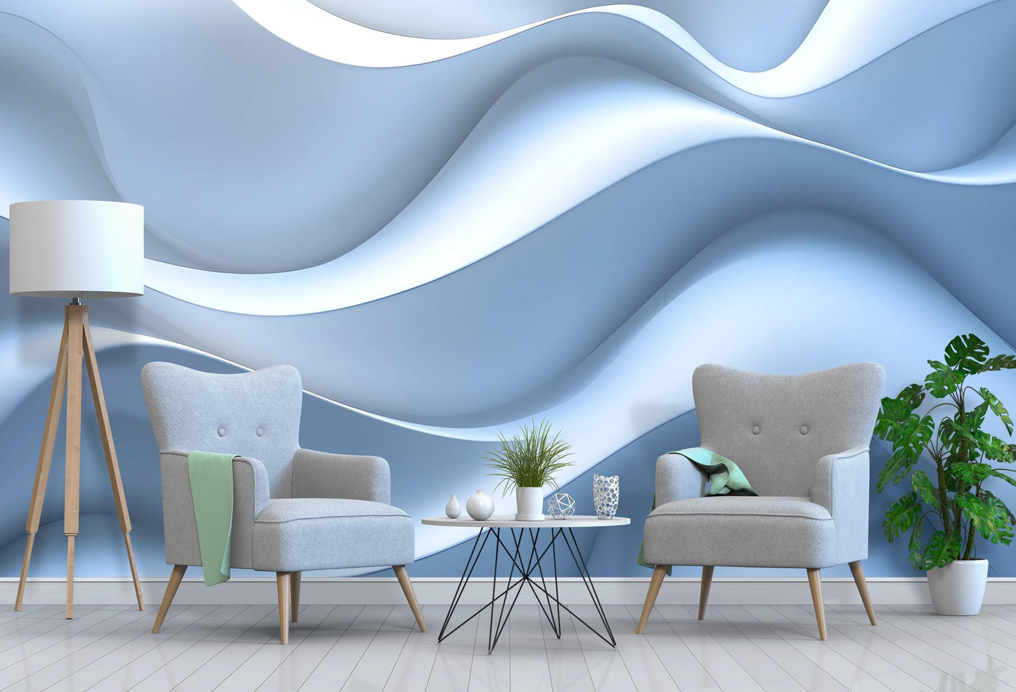 Modern Blue Wave Wall Art Mural | 3D Abstract Ocean-Inspired Wallpaper | Contemporary Living Room Decor | Removable Peel & Stick Vn228