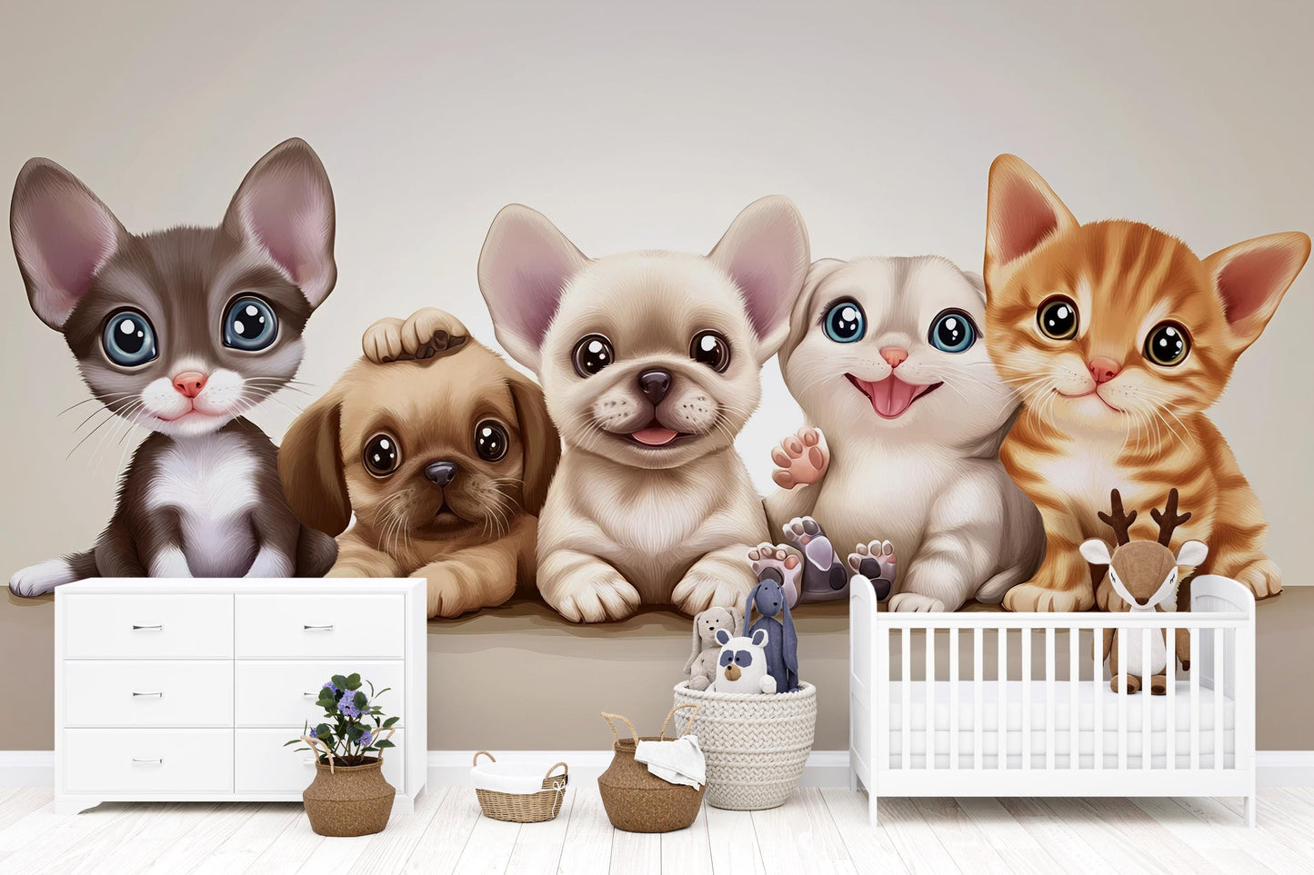 Adorable Puppy and Kitten Wall Art – Cute Animal Mural for Nursery or Kids Room Decor Vn321