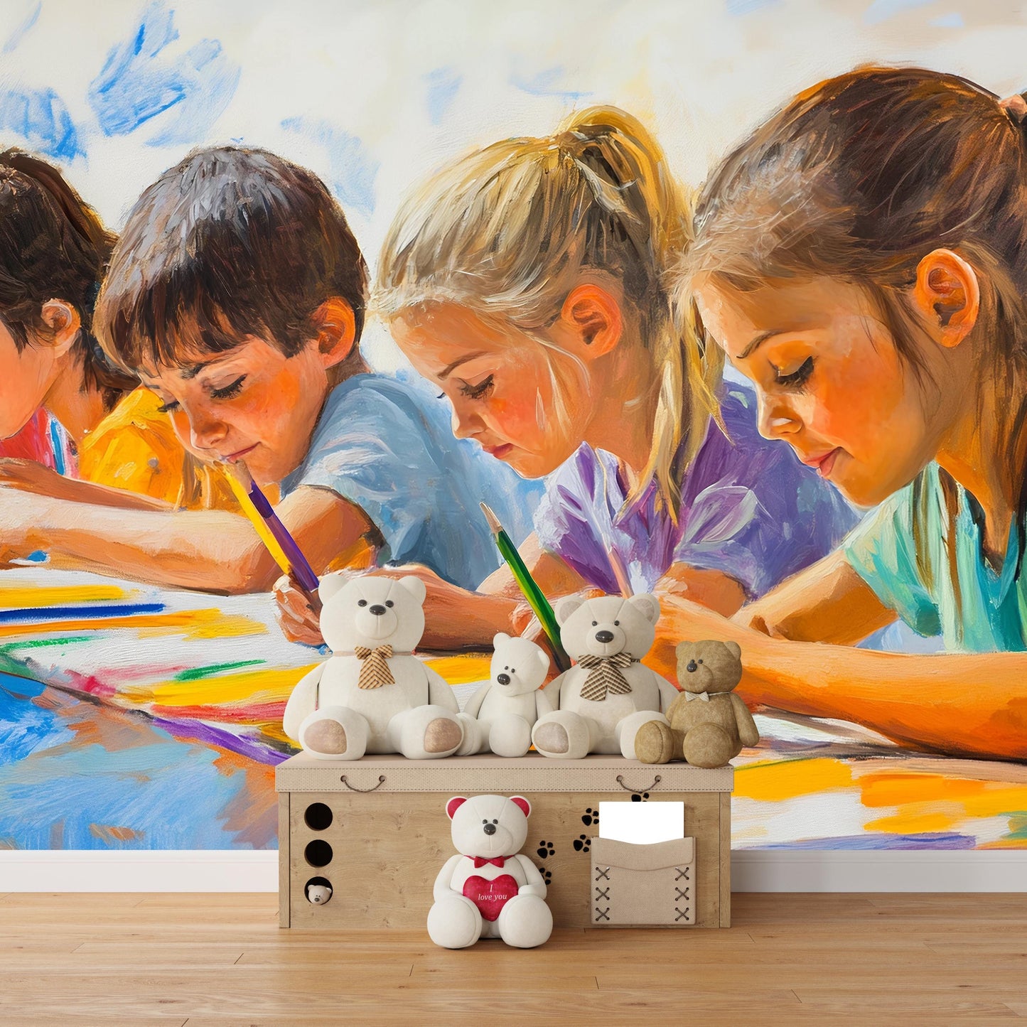 Colorful Kids Art Wall Mural | Playroom Wallpaper with Drawing Children | Toddler Room Decor | Vibrant Artistic Nursery Mural Vn412