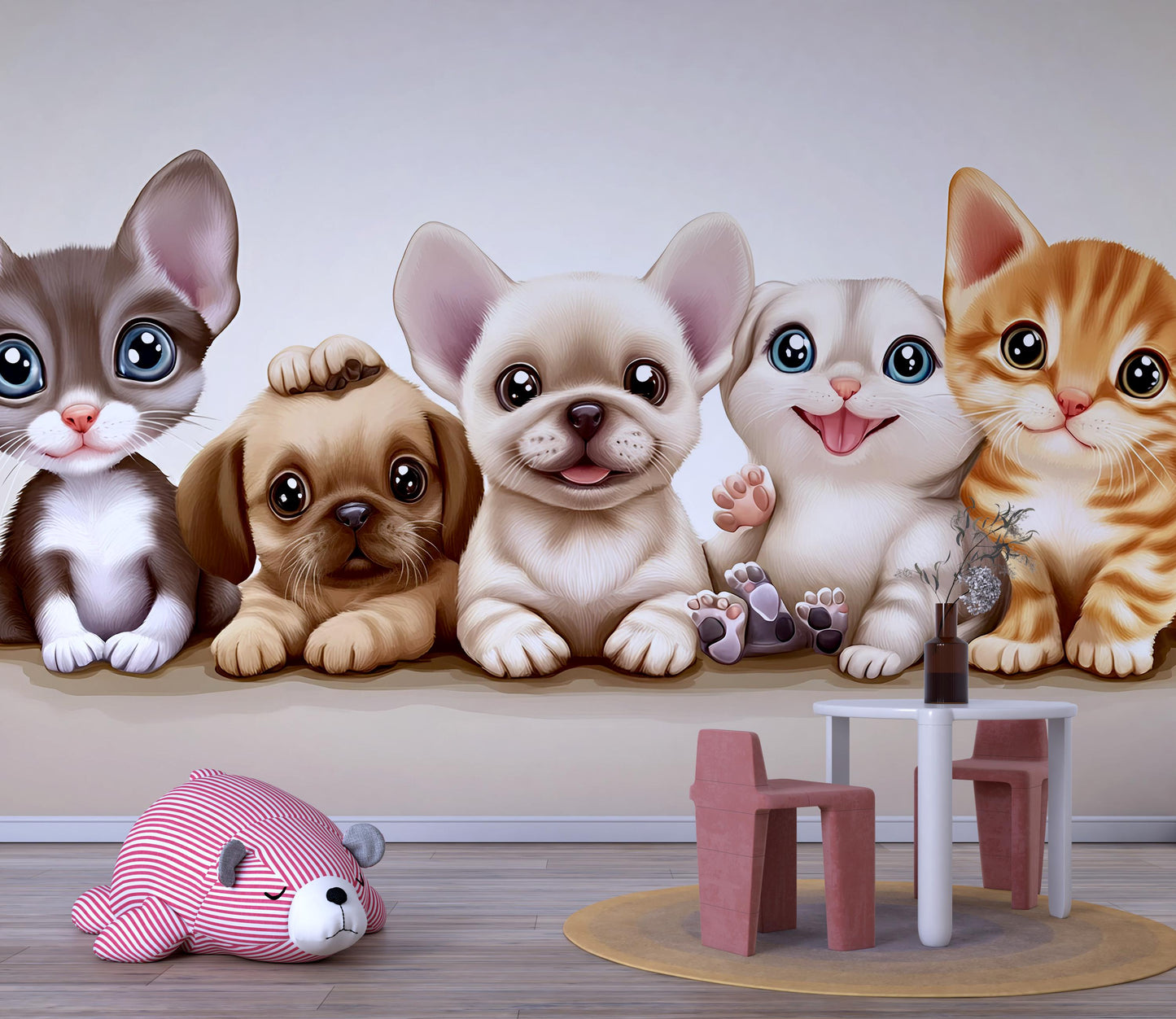 Adorable Puppy and Kitten Wall Art – Cute Animal Mural for Nursery or Kids Room Decor Vn321
