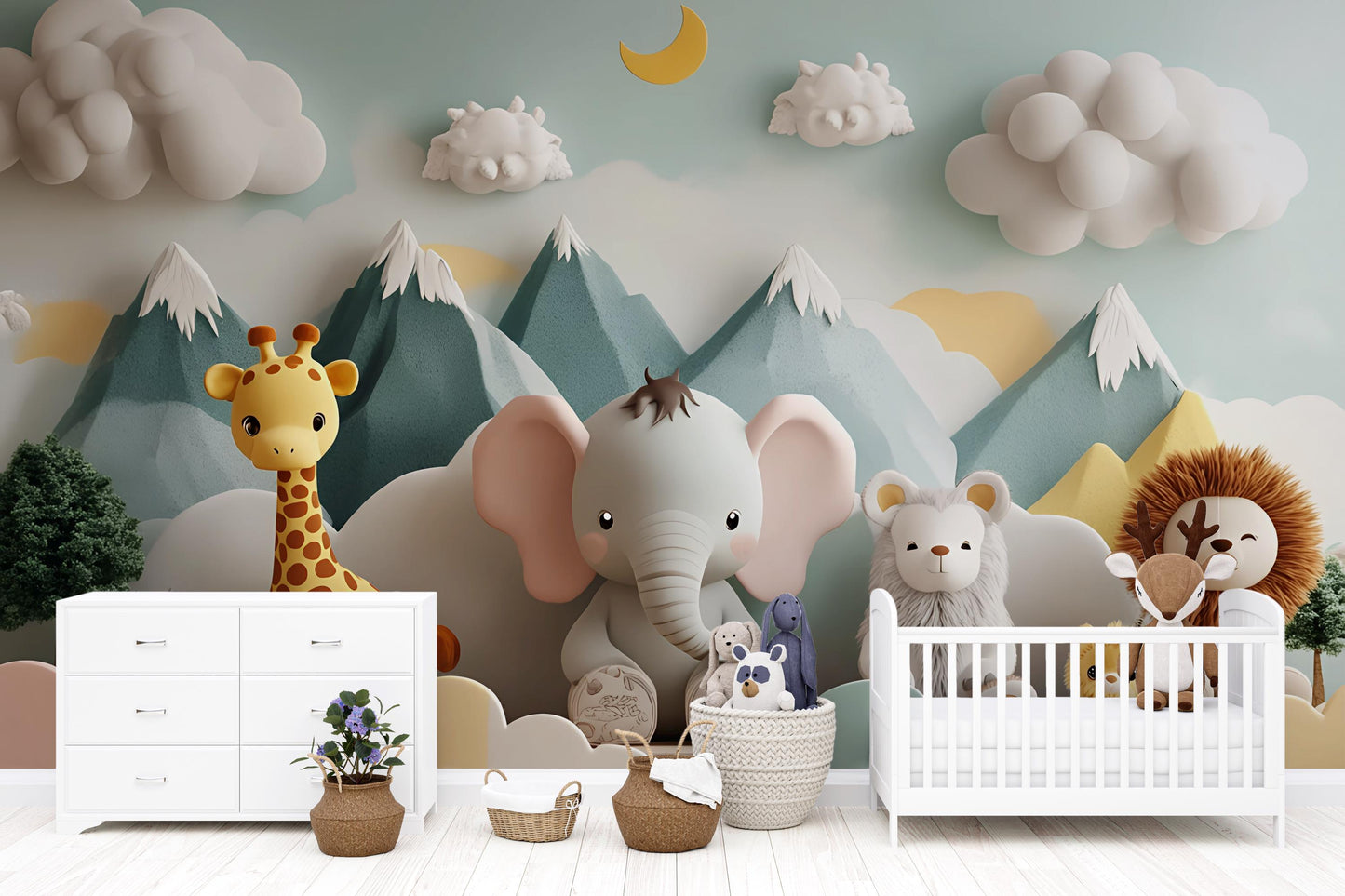 Whimsical Jungle Animal Wall Mural for Kids Room - Elephant, Giraffe, Lion Nursery Wallpaper Vn429