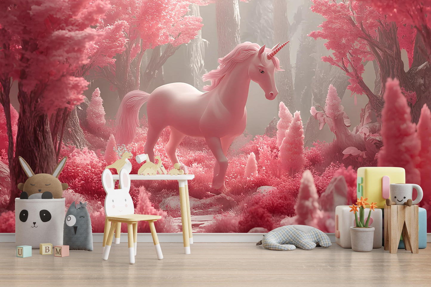 Pink Unicorn Nursery Wall Mural – Fantasy Forest Wallpaper for Baby Girl Room, Magical Pastel Woodland Décor Vn 303