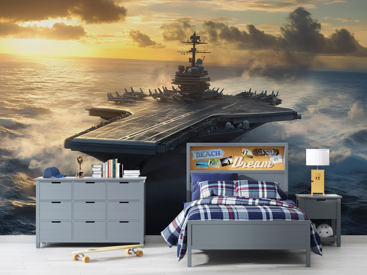 Aircraft Carrier Wall Mural | Navy Ship Ocean Sunset Wallpaper | Boys Military Bedroom Decor | Cool Warship Wall Art for Kids Room Vn464