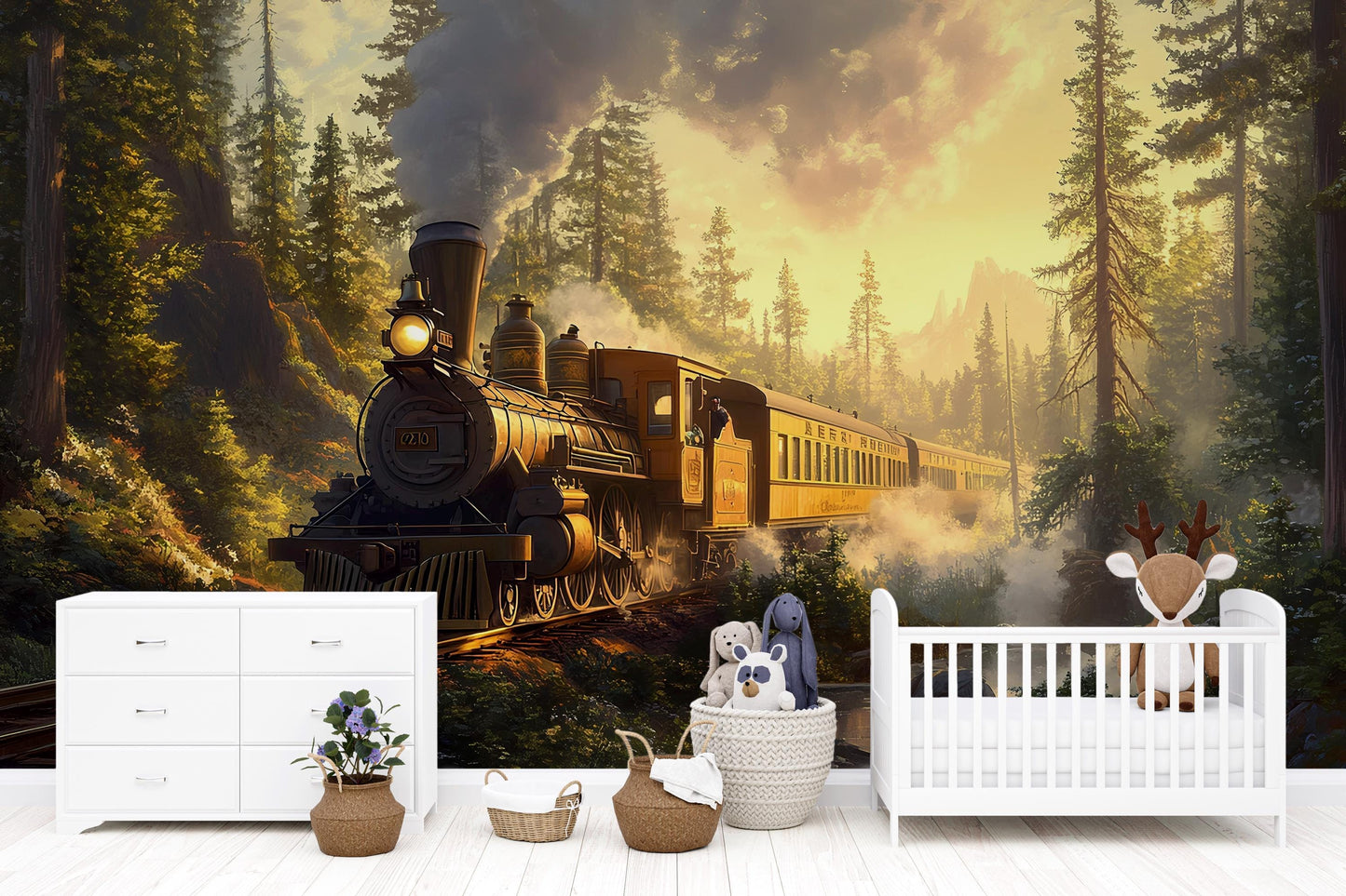 Vintage Steam Train Nursery Mural – Forest Adventure Wall Art for Kids Room Vn223