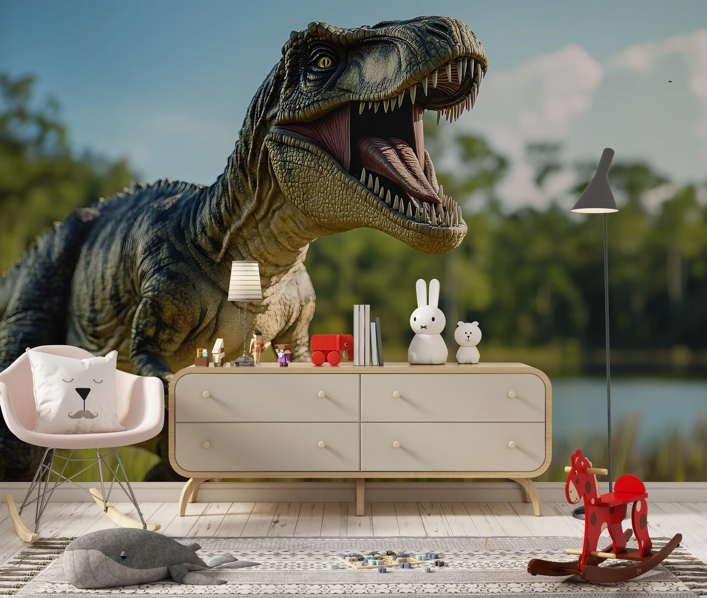 Dinosaur Wall Mural for Kids Room - T-Rex Jungle Scene - Realistic 3D Dino Wallpaper - Boys Bedroom Decor Vn410