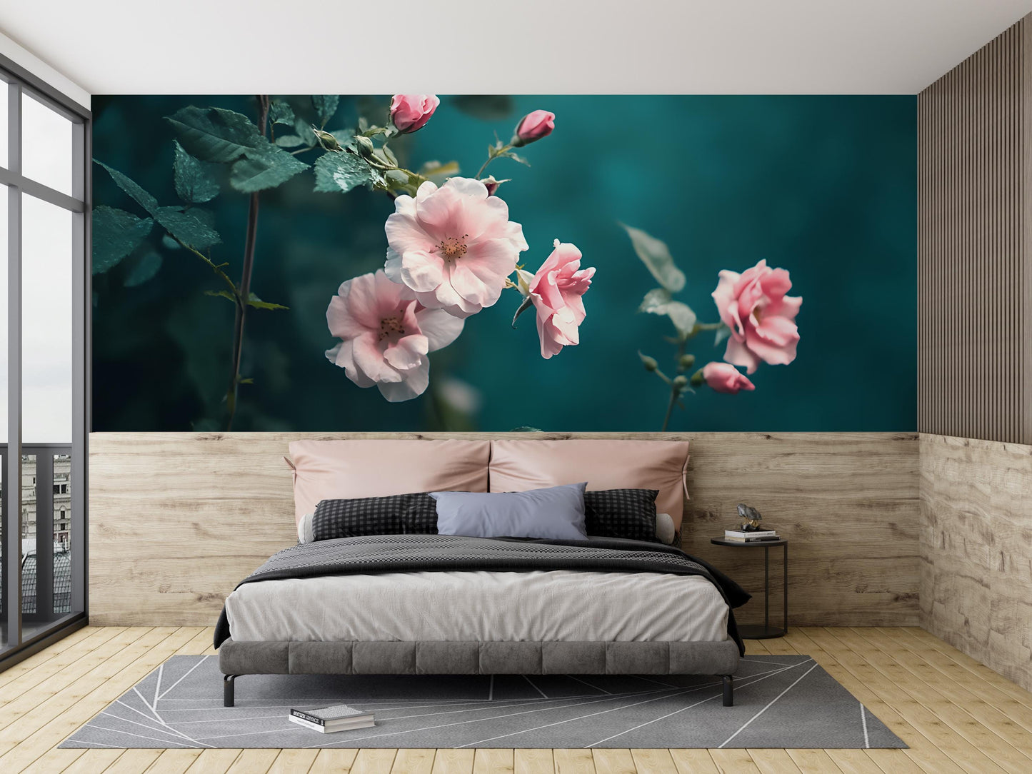 Romantic Pink Rose Wall Mural for Bedroom – Floral Nature Wallpaper Art – Large Botanical Accent Wall Decor Vn211