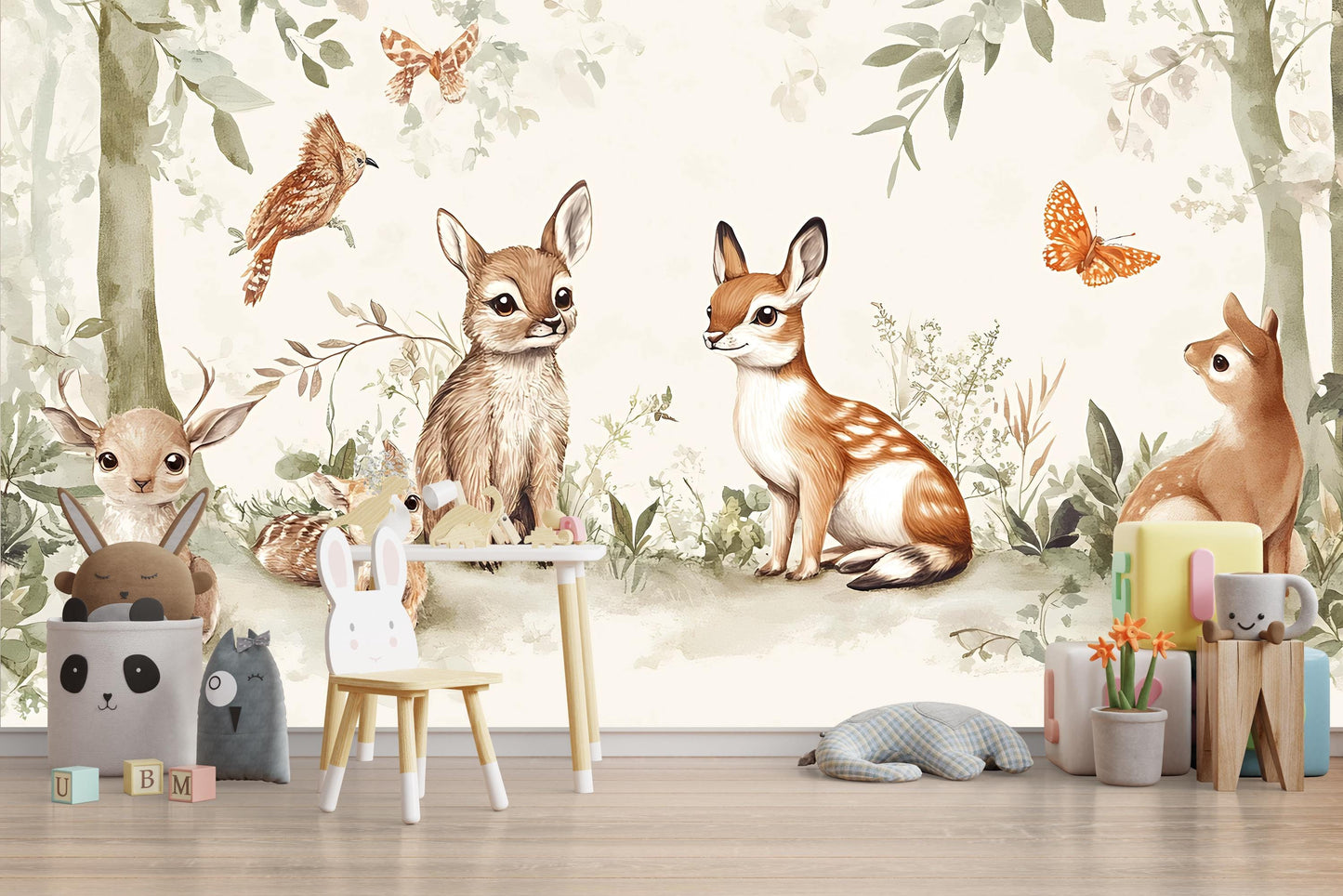 Woodland Animal Nursery Wall Mural – Forest Theme Peel and Stick Wallpaper – Baby Deer Bunny Squirrel Wall Art for Kids Room Vn247
