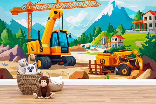 Construction Site Wall Mural for Kids Room - Cartoon Digger Crane and Mountain Scene - Removable Wallpaper Vn438
