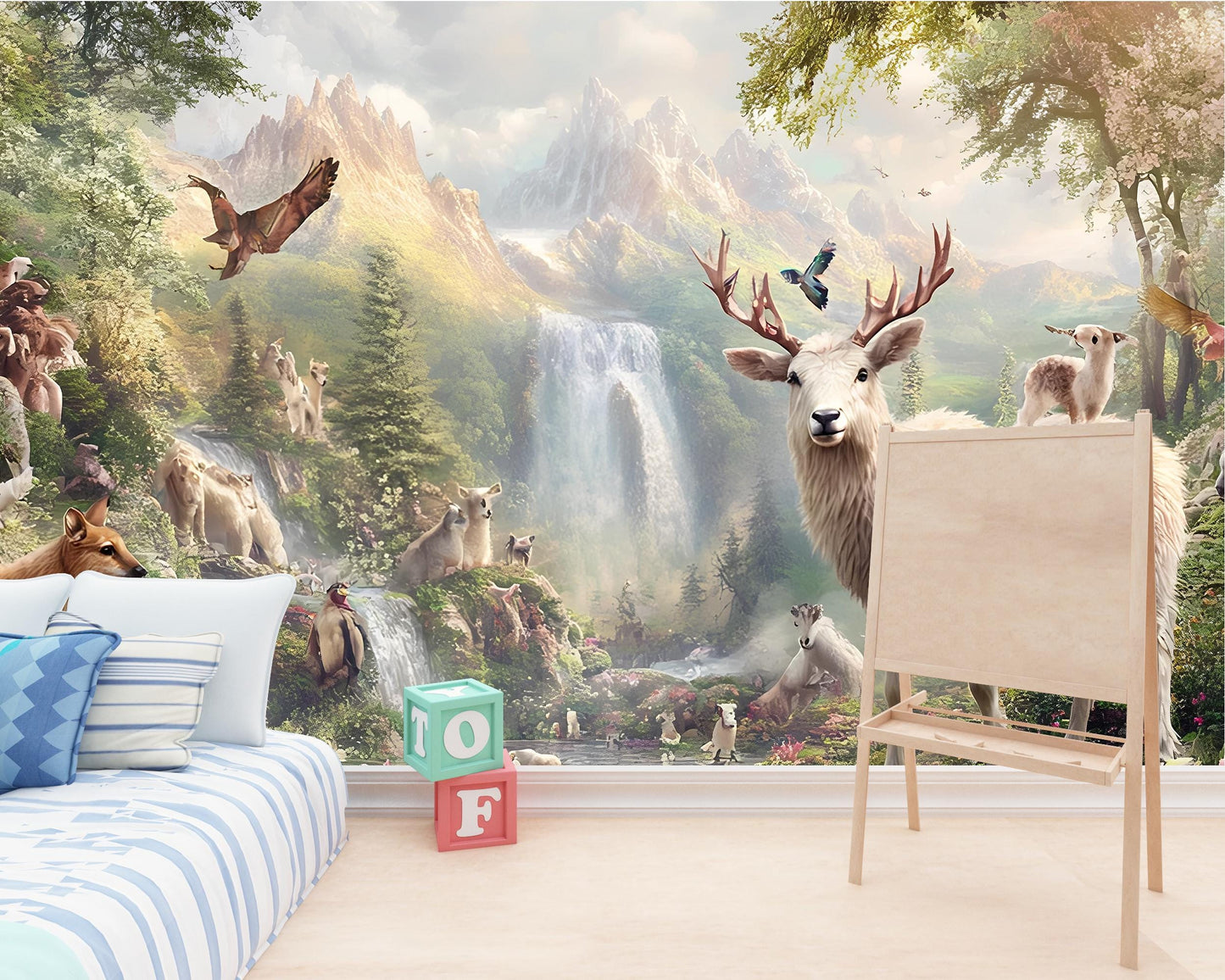 Whimsical Animal Forest Mural - Woodland Waterfall Nature Scene - Nursery Wall Art - Deer, Fox, Bird Fantasy Wallpaper Print Vn293