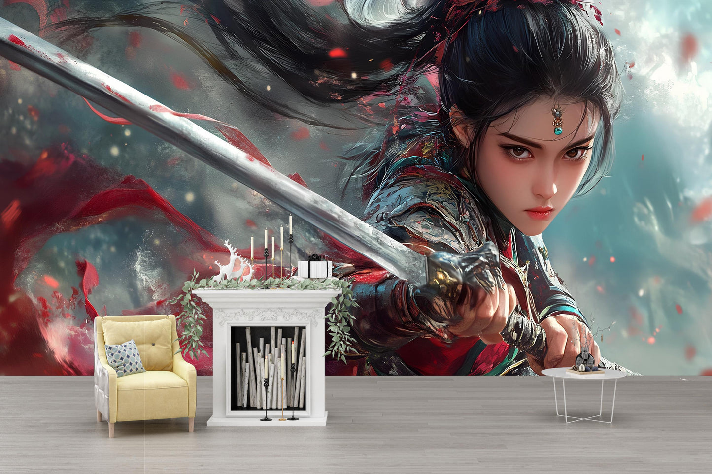 Fantasy Warrior Wall Mural – Anime Samurai Girl Art | Epic Battle Scene Wallpaper | Asian Warrior Decor | Sword Girl Wall Print Vn360