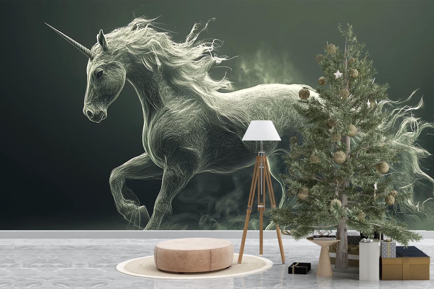 Mystical Ghostly Unicorn Wall Mural - Fantasy Horse Art Wallpaper for Living Room, Magical Creature Decor, Surreal Home Accent Vn 298