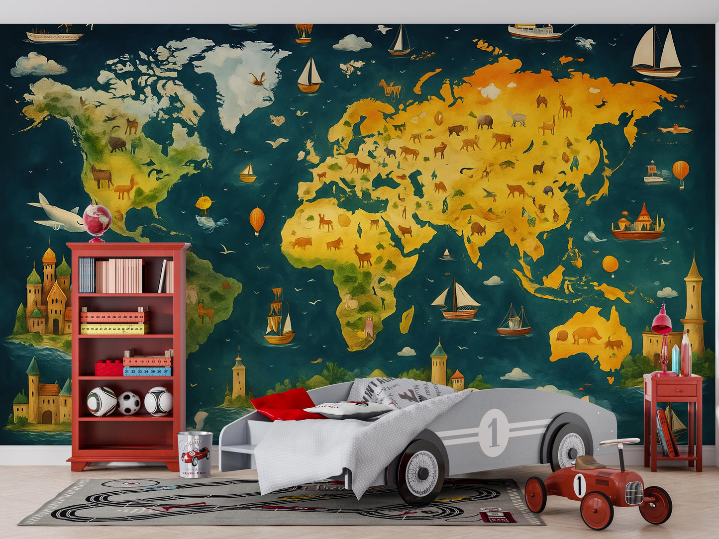 World Map Kids Wall Mural | Educational Wallpaper | Adventure Theme Nursery Decor | Geography Playroom Wall Art Vn423