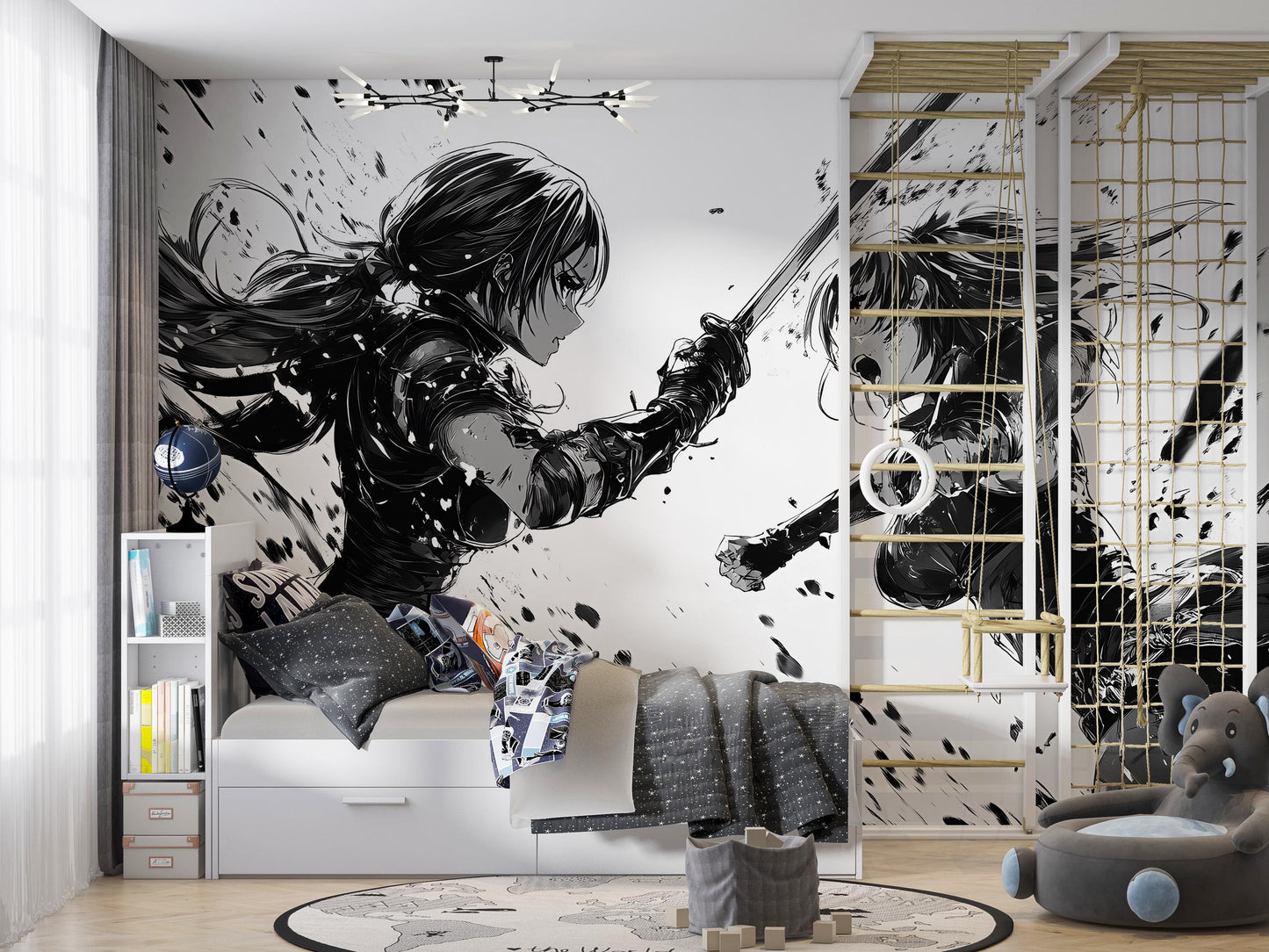 Anime Sword Duel Wall Mural – Black and White Manga Art for Modern Rooms Vn363