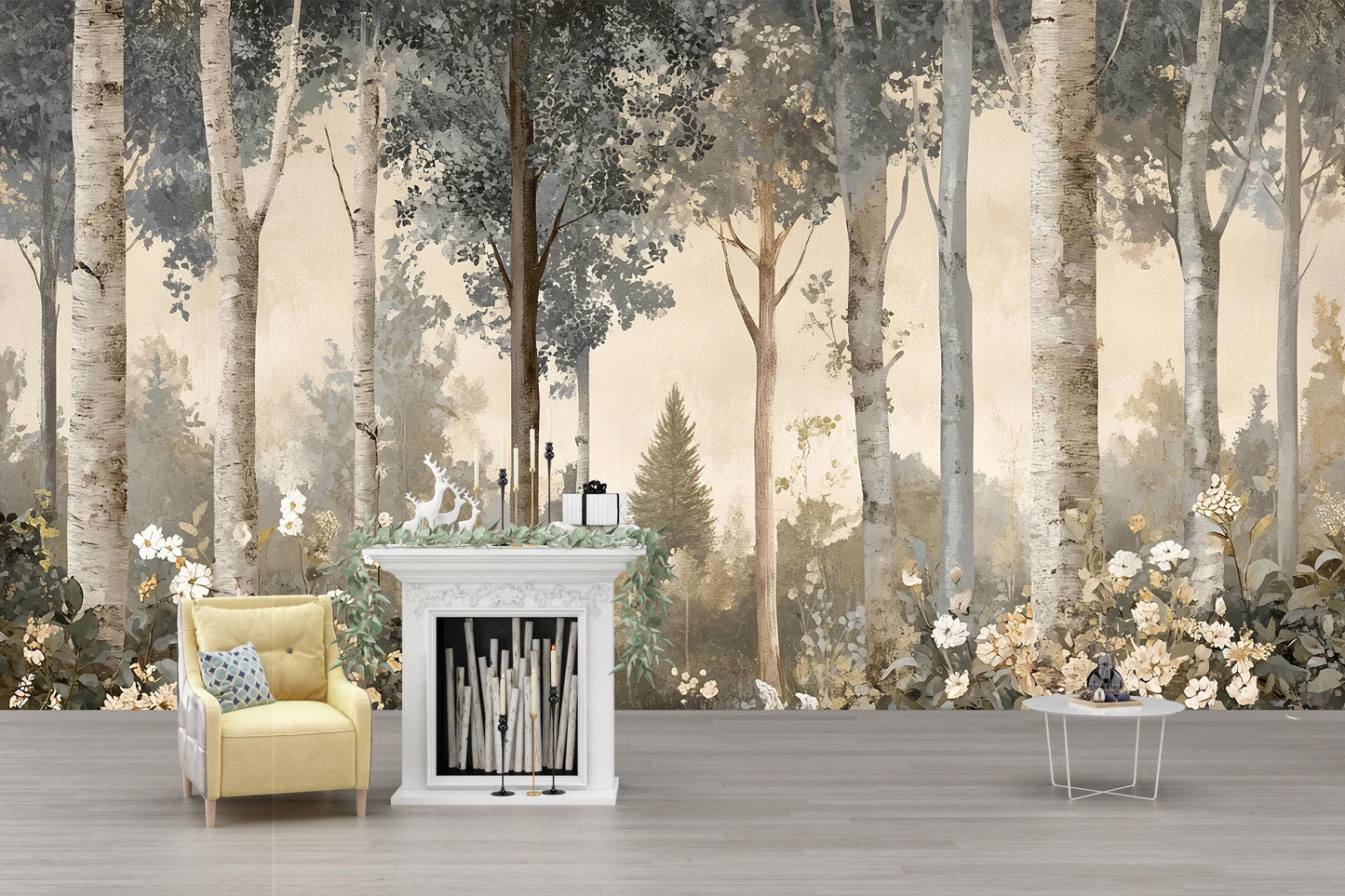 Forest Wall Mural – Neutral Tree Wallpaper, Scandinavian Nature Wall Art, Large Woodland Removable Mural Vn248