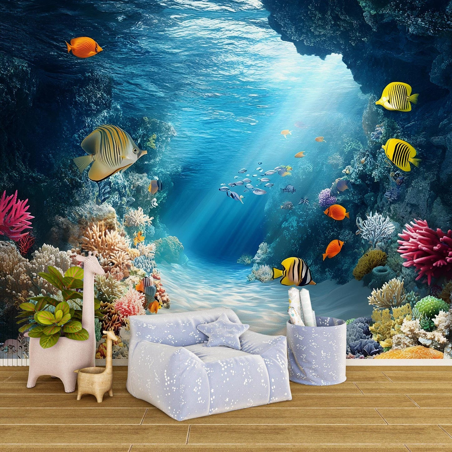 Underwater Ocean Wall Mural for Office or Reception | 3D Coral Reef Wallpaper | Tropical Fish Aquarium Scene | Sea Themed Wall Art Vn008