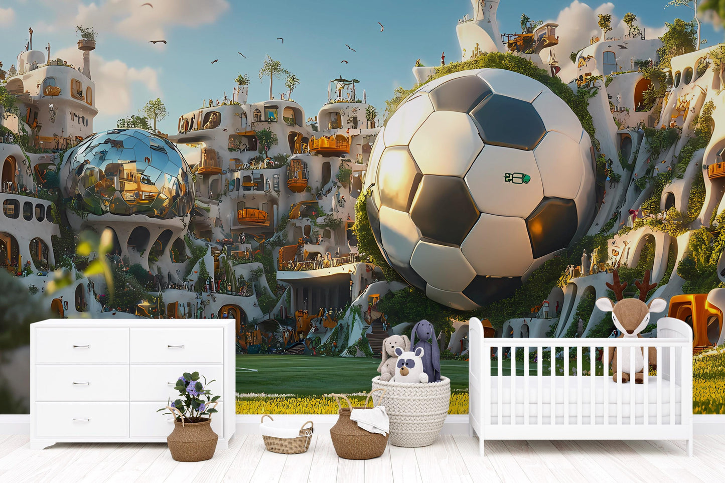 Soccer Fantasy Village Wall Mural – Giant Ball Nursery Wallpaper, Futuristic Kids Room Art, Whimsical City Sports Decor Vn056