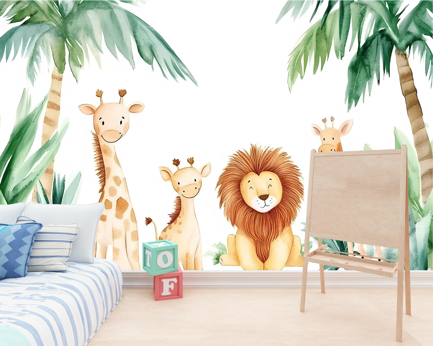 Safari Jungle Animal Wall Mural | Giraffe Lion Nursery Wallpaper | Tropical Baby Room Decor | Jungle Theme Kids Wall Art Vn043