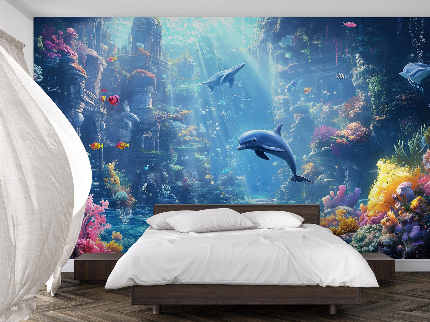 Underwater Ocean Wall Mural, 3D Dolphin Coral Reef Wallpaper, Kids Room Sea Decor Vn254