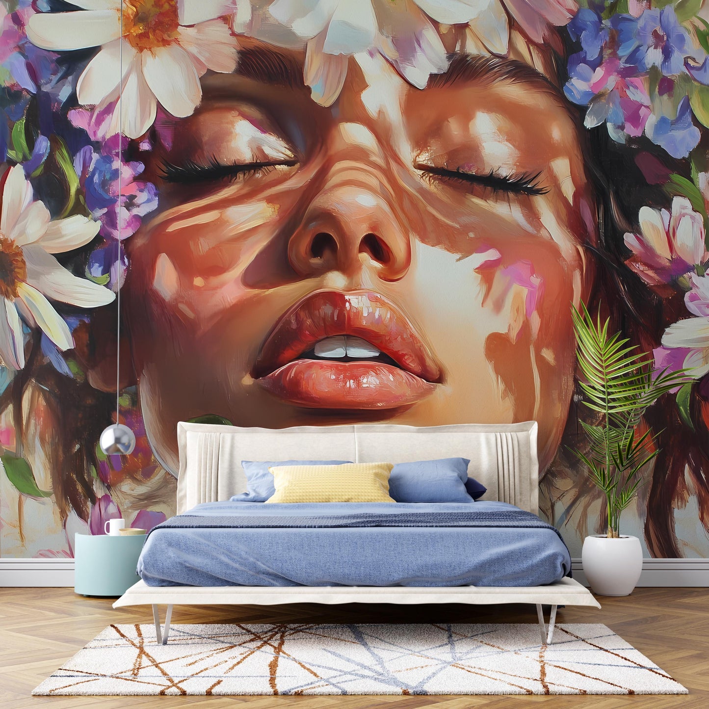 Floral Woman Wall Mural, Large Face Art Bedroom Decor, Boho Flower Headboard Wallpaper, Feminine Nature Mural, Oversized Art Print Vn137