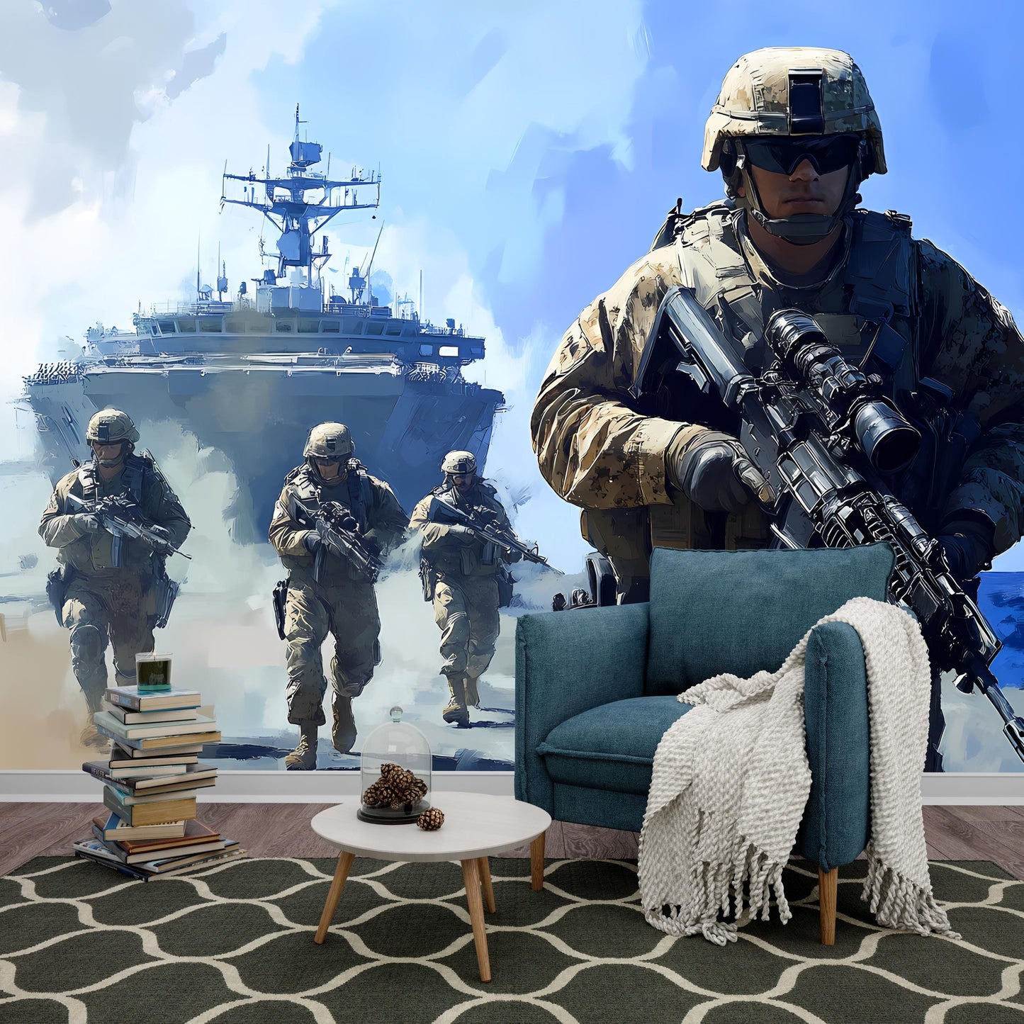 Military Gym Wall Mural - Soldier & Warship Design for Home or Commercial Fitness Center Decor Vn106