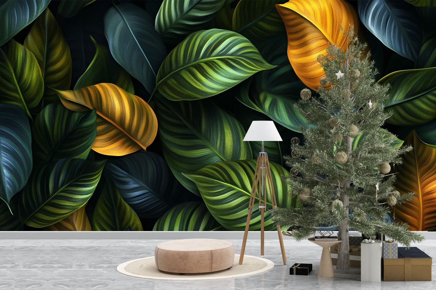 Tropical Leaf Wallpaper Mural – Jungle Botanical Wall Art, Large Green Yellow Leaves Removable Wallpaper, Modern Nature Vn207