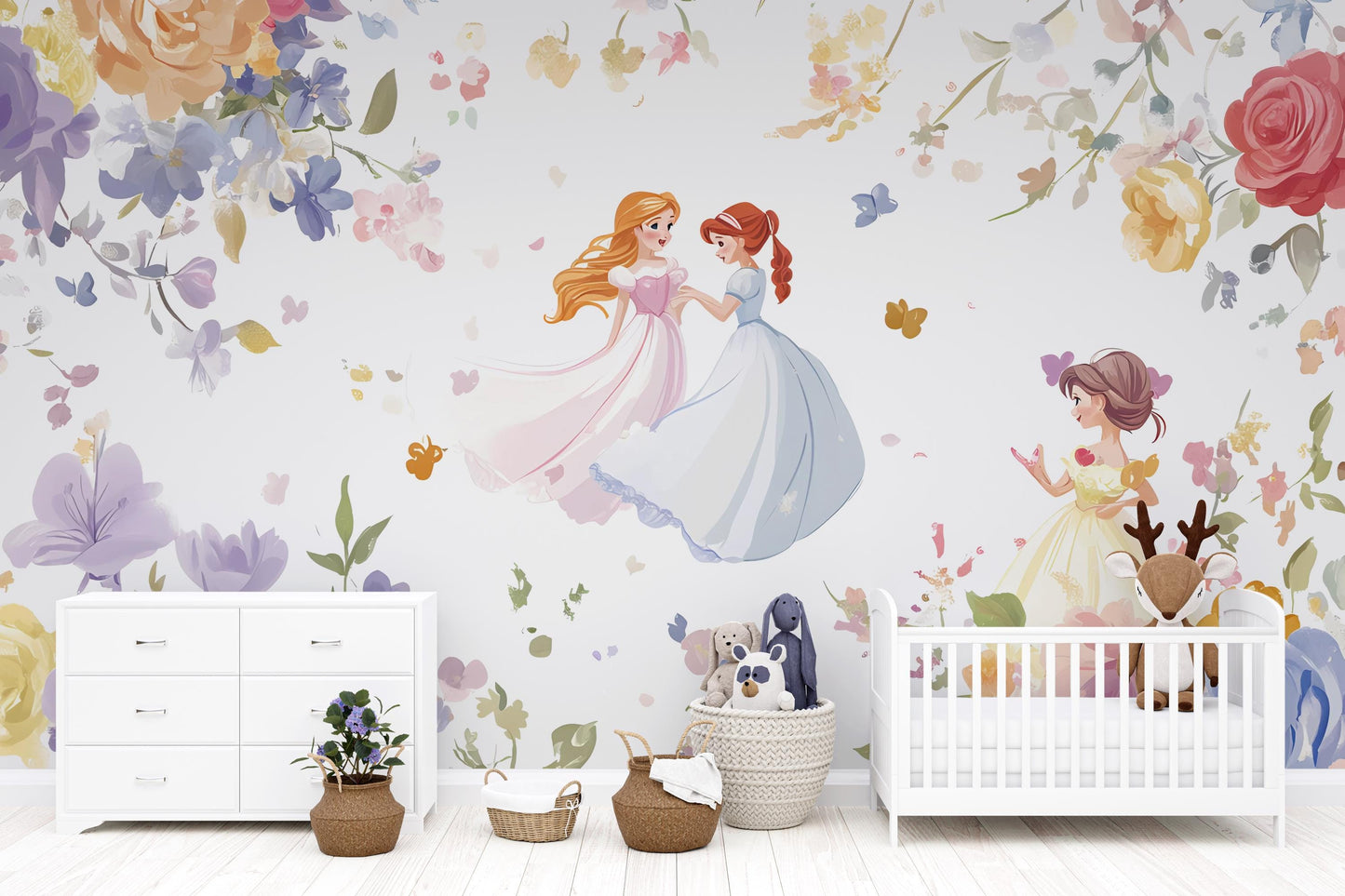 Princess Floral Wall Mural for Girls Room – Fairy Tale Wallpaper, Pastel Nursery Decor, Princess Theme Wall Art Vn277