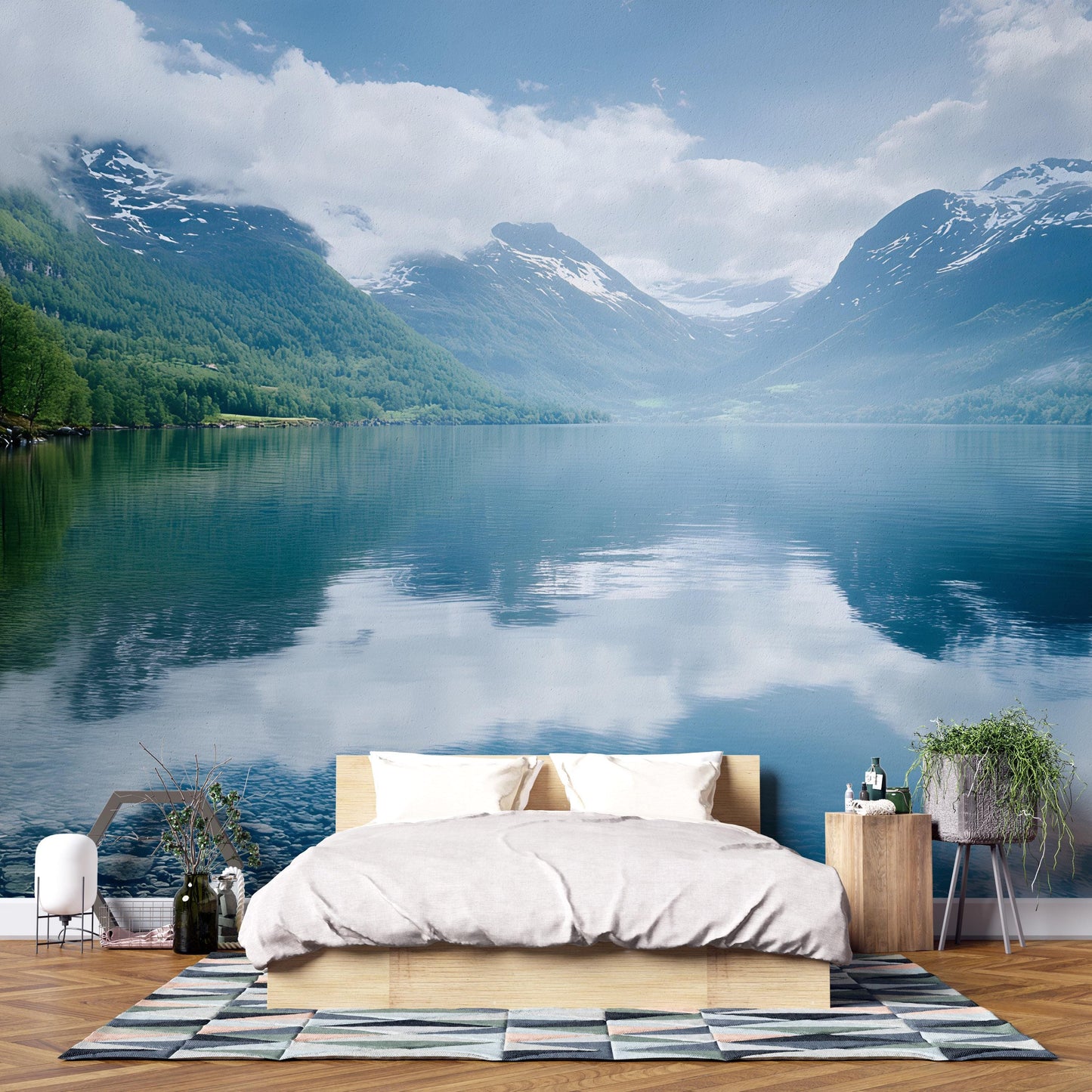 Mountain Lake Wall Mural – Tranquil Scenic Nature Wallpaper for Bedroom, Forest Waterfall Lake View Accent Wall Art Vn485