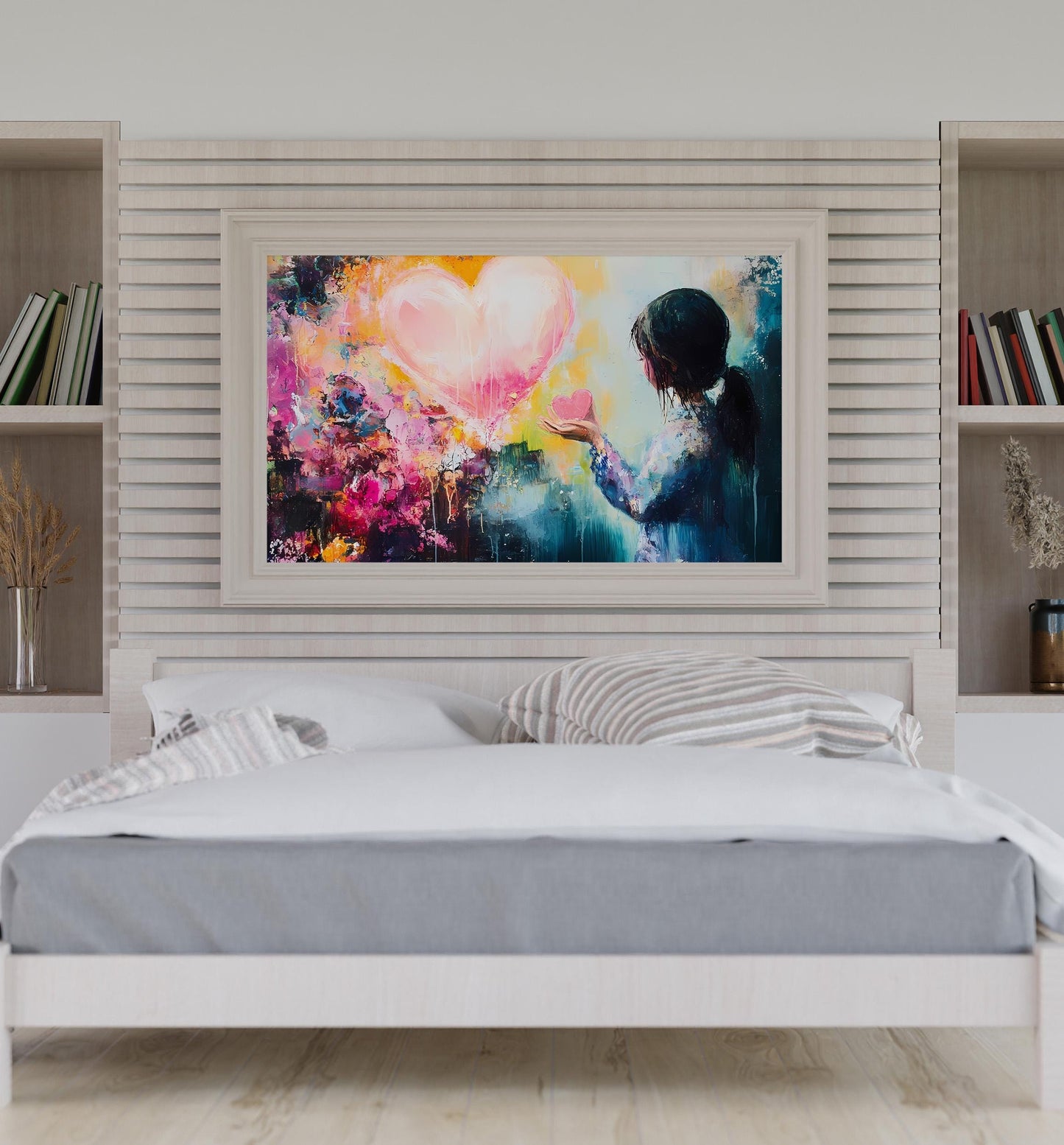 Romantic Girl Heart Wall Art – Abstract Colorful Bedroom Painting Vn015