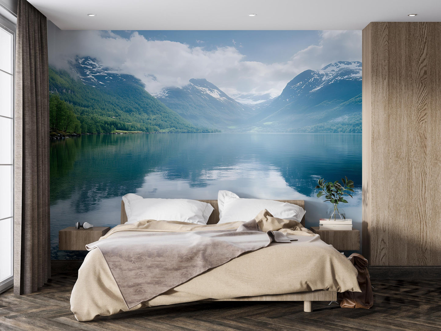 Mountain Lake Wall Mural – Tranquil Scenic Nature Wallpaper for Bedroom, Forest Waterfall Lake View Accent Wall Art Vn485