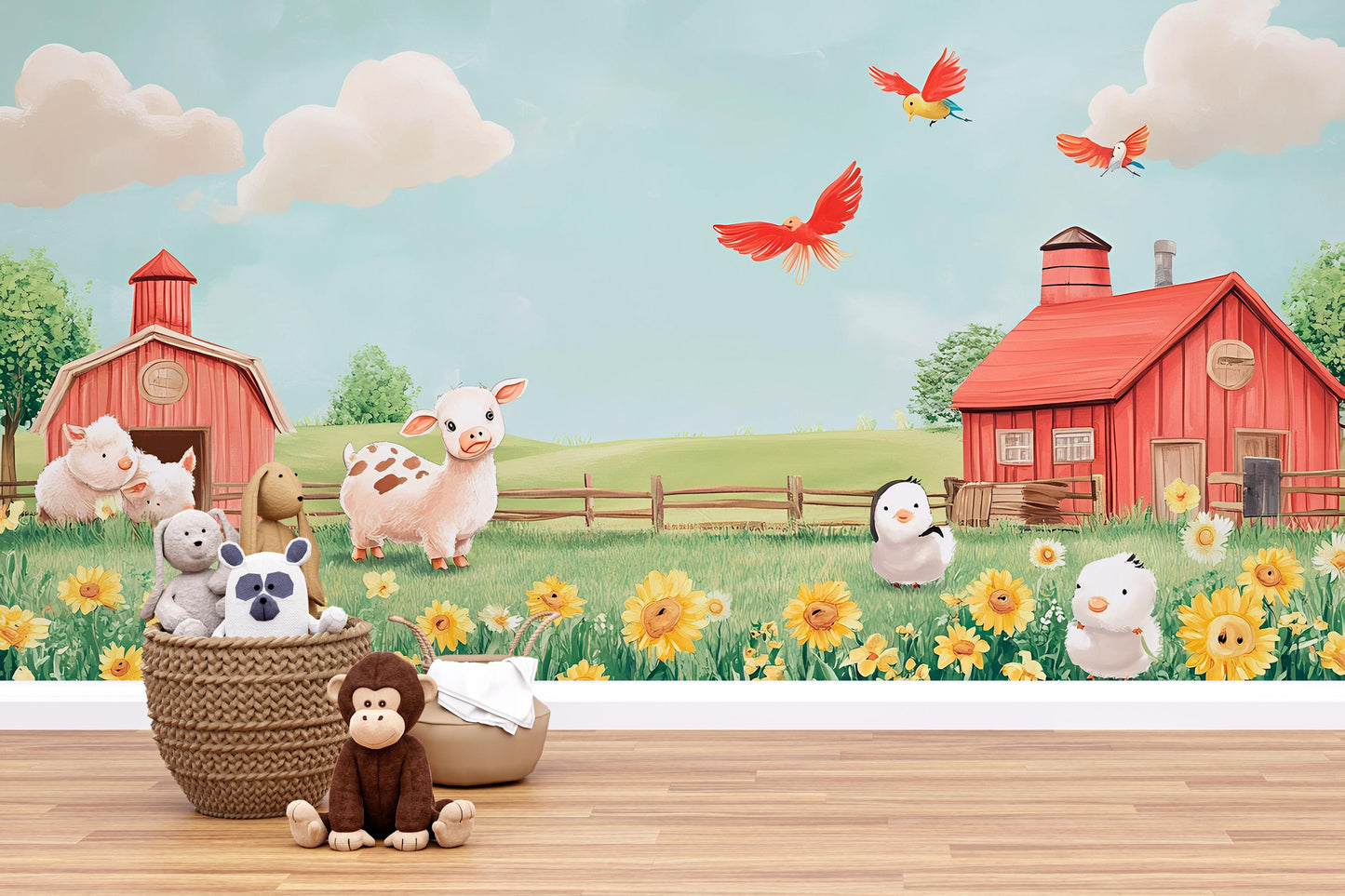 Farm Animal Wall Mural for Kids Room – Cartoon Barnyard Wallpaper with Piglet, Birds, Sunflowers – Nursery Farm Theme Decor Vn317