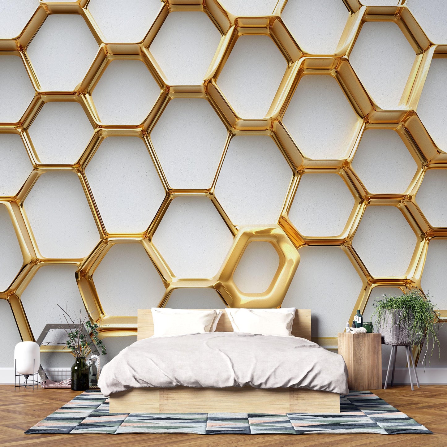 Luxury 3D Gold Honeycomb Wall Mural – Modern Geometric Wallpaper for Bedroom Vn047