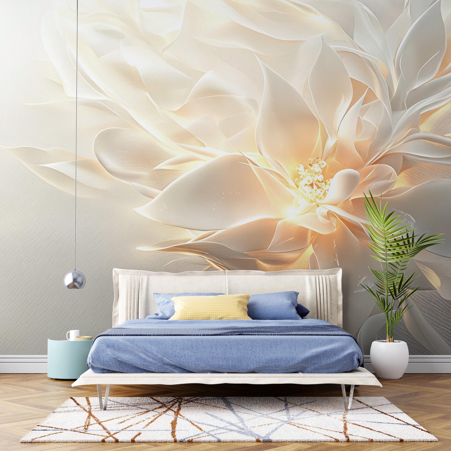 Floral Wall Mural Bedroom Decor – Soft Neutral Flower Wallpaper for Modern Interior, Elegant Wall Art for Bedroom or Living Room Vn266