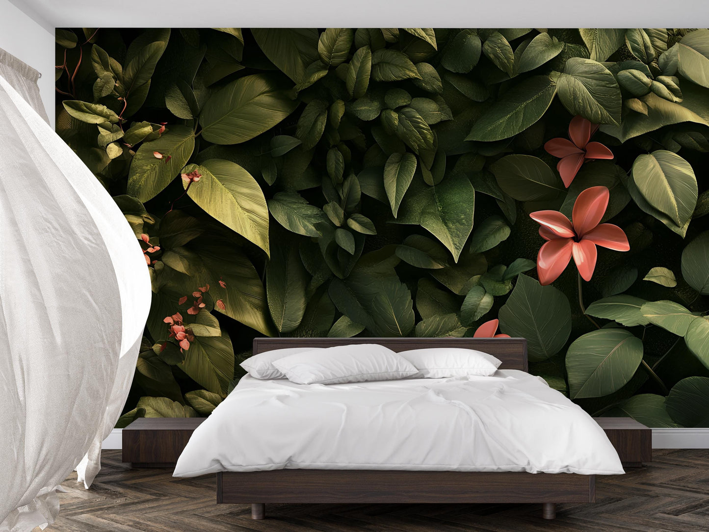 Botanical Leaf Wall Mural | Tropical Green Jungle Wallpaper with 3D Flowers | Bedroom Nature Accent Wall Art Vn234