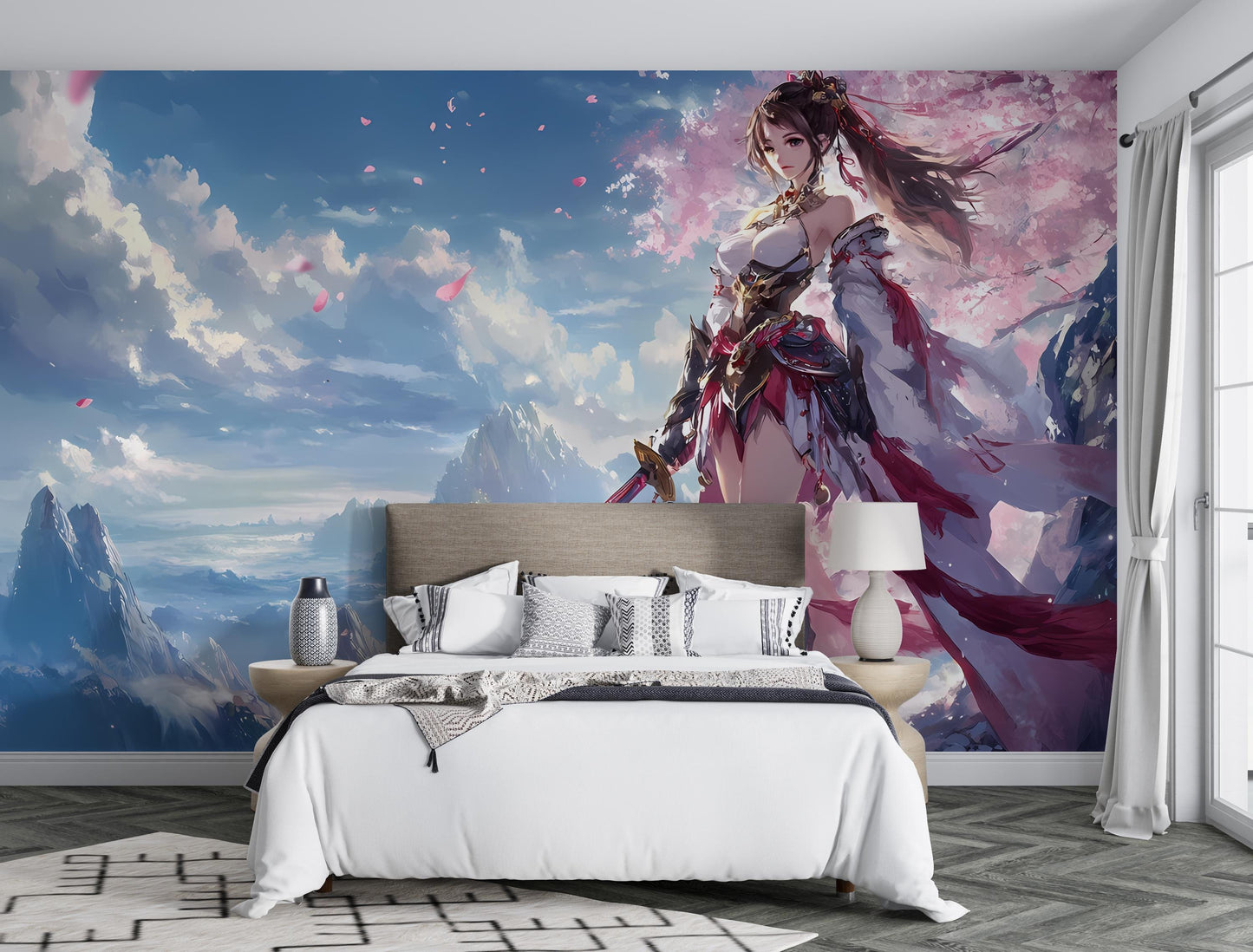 Anime Warrior Princess Wall Mural – Fantasy Cherry Blossom Wallpaper, Girl Samurai Art, Elegant Sword Girl Poster for Kids Vn031