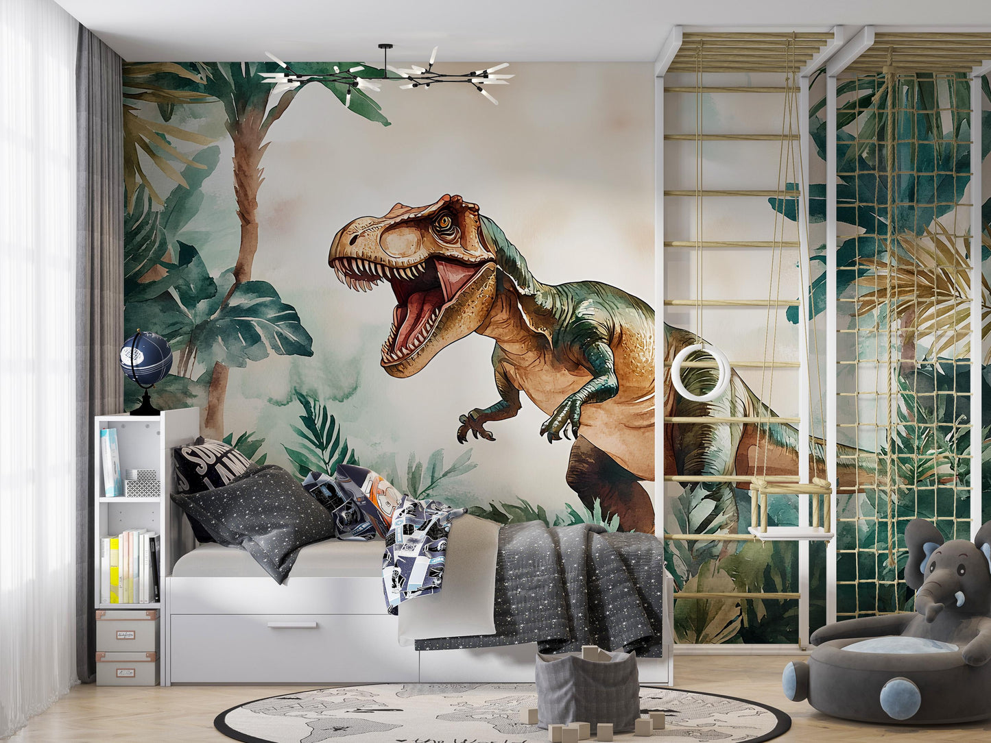 Dinosaur Wall Mural for Kids Room – T-Rex Jungle Wallpaper – Boys Nursery Wall Art – Prehistoric Safari Theme Décor Vn408