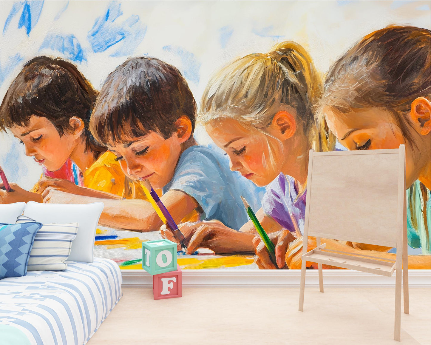 Colorful Kids Art Wall Mural | Playroom Wallpaper with Drawing Children | Toddler Room Decor | Vibrant Artistic Nursery Mural Vn412
