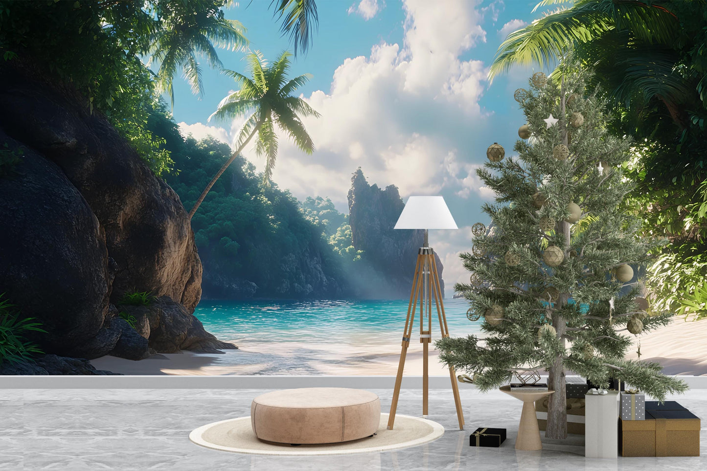 Tropical Beach Wall Mural | 3D Ocean View Wallpaper | Coastal Palm Tree Decor | Relaxing Island Paradise Scene Vn292