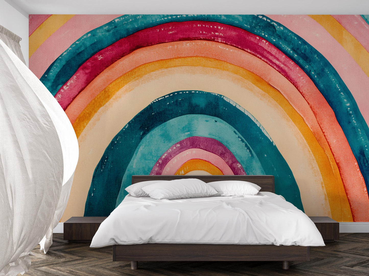 Colorful Watercolor Rainbow Wall Mural – Modern Geometric Bedroom Accent – Peel and Stick or Traditional Wallpaper Vn397