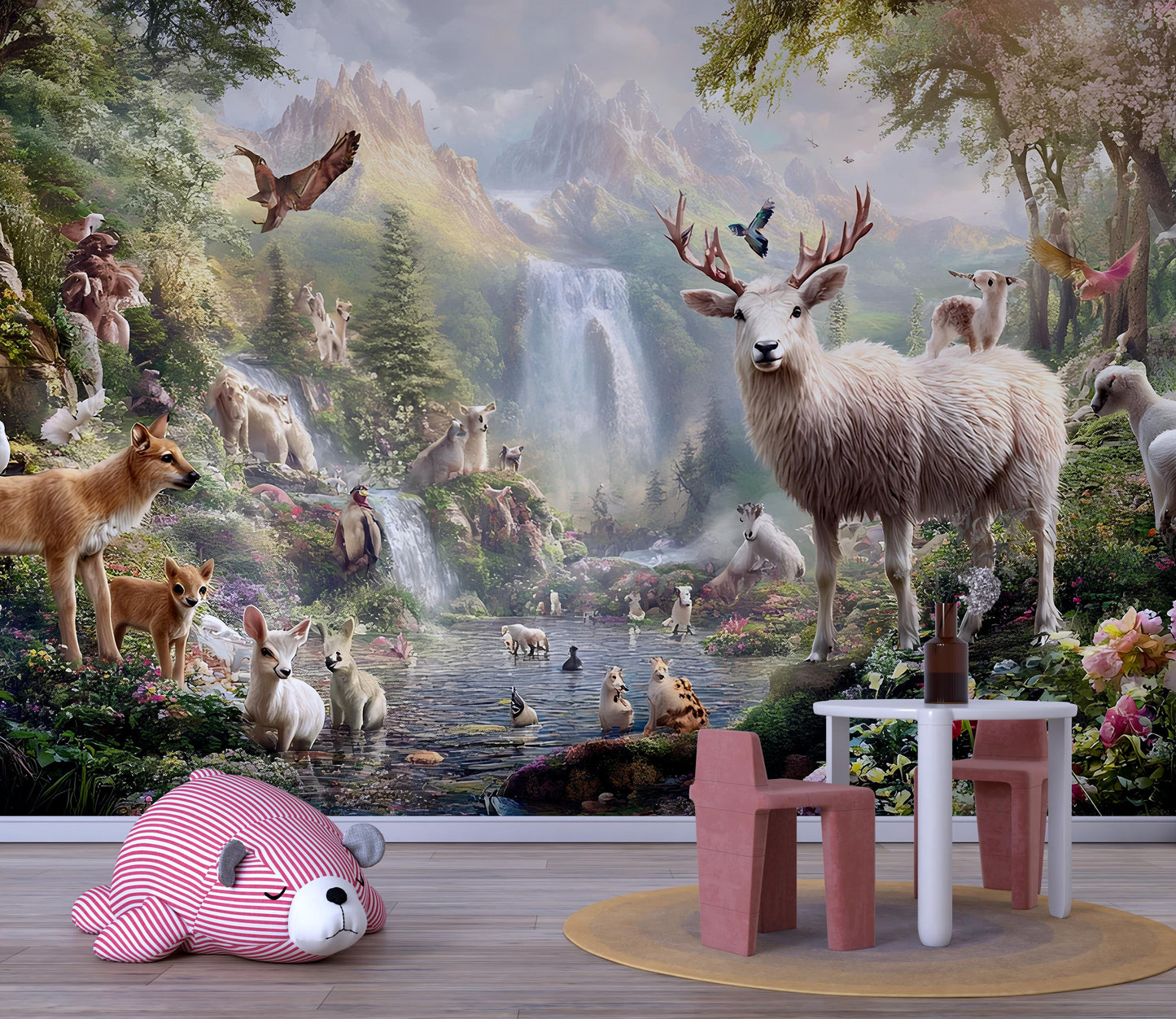 Whimsical Animal Forest Mural - Woodland Waterfall Nature Scene - Nursery Wall Art - Deer, Fox, Bird Fantasy Wallpaper Print Vn293